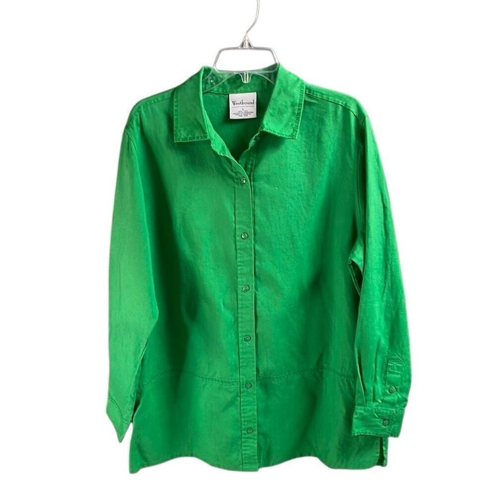 WESTBOUND Women’s 100% Linen Blouse Long Sleeves Embroidered Trim Detail Size L